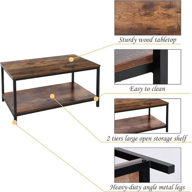 Alt view image 5 of 7 - SUPER DEAL 2-Tier Industrial Coffee Table with Storage Shelf for Small Apartment Living Room, Rectangle Wood and Stable Metal TV Stand Side End Table, Rustic Brown