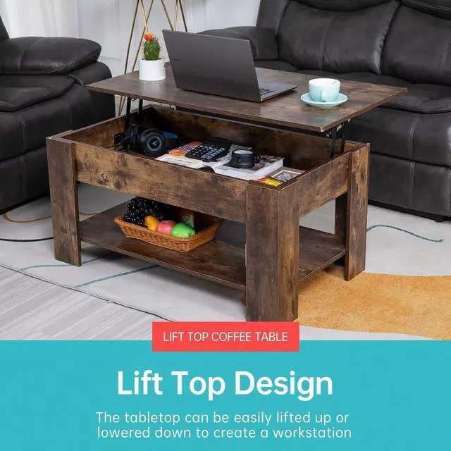 Alt view image 3 of 7 - FDW Lift Top Coffee Table with Hidden Compartment and Storage Shelf Wooden Lift Tabletop for Home Living Room Reception Room Office,39.4",Brown