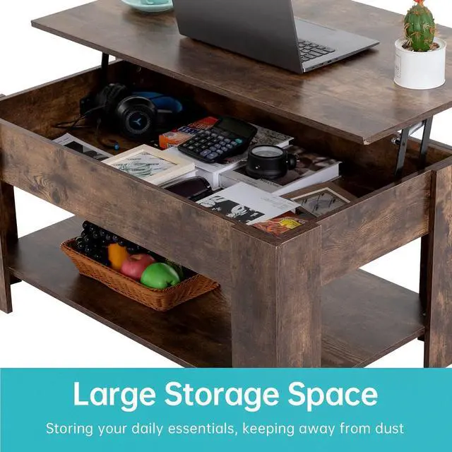 Alt view image 4 of 7 - FDW Lift Top Coffee Table with Hidden Compartment and Storage Shelf Wooden Lift Tabletop for Home Living Room Reception Room Office,39.4",Brown