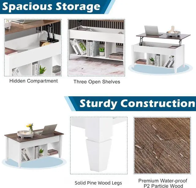 Alt view image 6 of 7 - VINGLI Lift Top Coffee Table, White, with Storage Shelf/Hidden Compartment, Gas Lift Mesa De Centro para Sala Pop Up Coffee Table