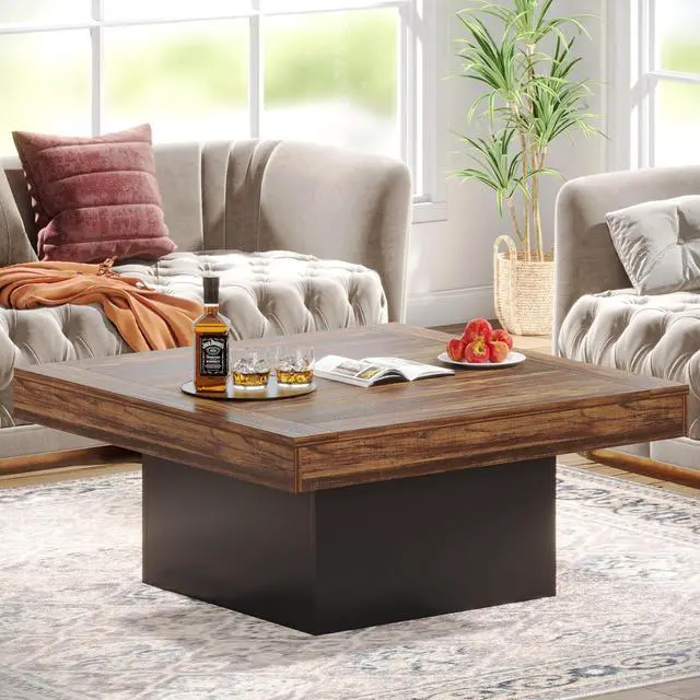 Main image of Tribesigns Coffee Table Square LED Coffee Table Engineered Wood Low Coffee Table for Living Room (Rustic Brown+Black)