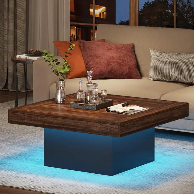 Alt view image 6 of 7 - Tribesigns Coffee Table Square LED Coffee Table Engineered Wood Low Coffee Table for Living Room (Rustic Brown+Black)