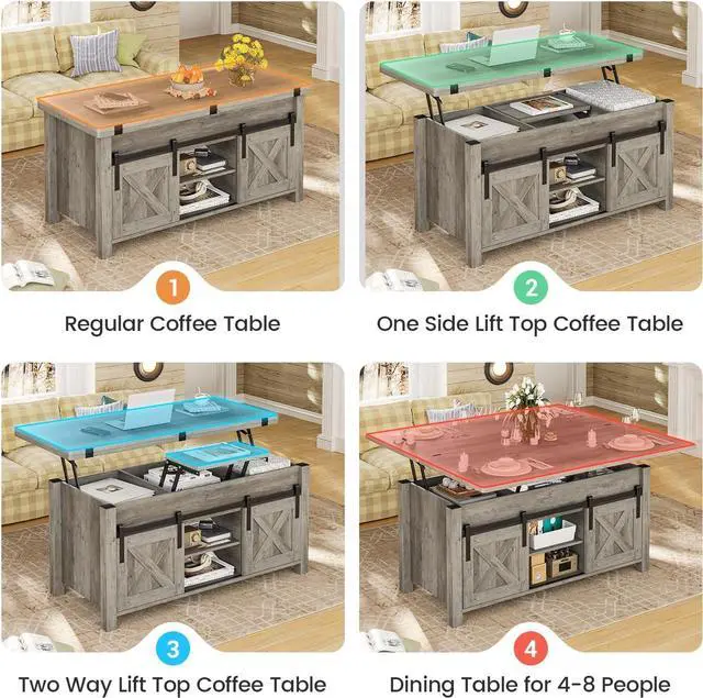 Alt view image 4 of 7 - SEDETA Lift Top Coffee Table, 4 in 1 Multi-Function Convertible Coffee Tables with Storage and Hidden Compartment, Farmhouse Coffee Table Converts to Dining Table for Living Room, Grey