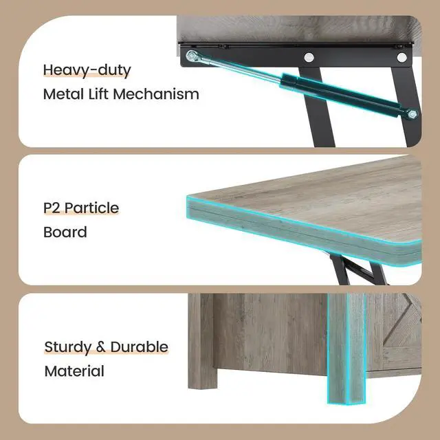 Alt view image 6 of 7 - SEDETA Lift Top Coffee Table, 4 in 1 Multi-Function Convertible Coffee Tables with Storage and Hidden Compartment, Farmhouse Coffee Table Converts to Dining Table for Living Room, Grey