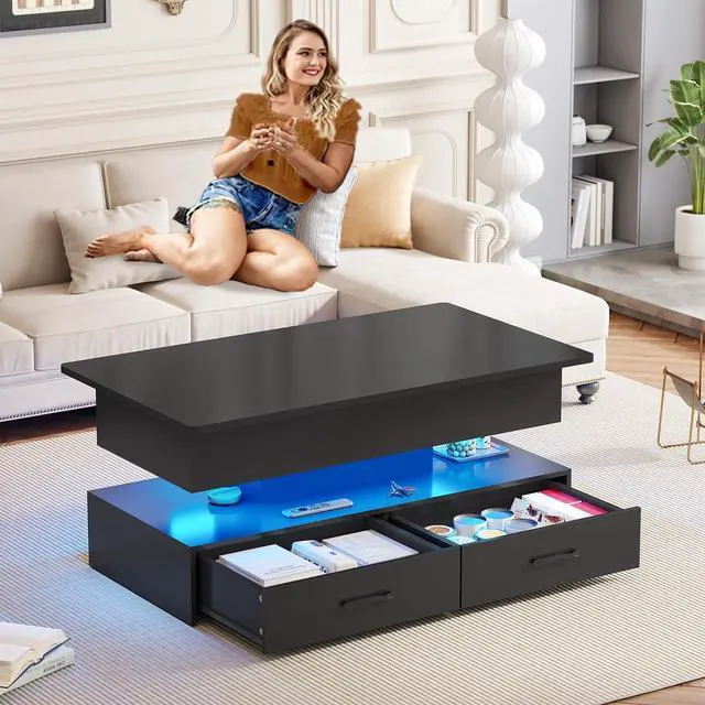 Alt view image 7 of 7 - SEDETA 40" Lift Top Coffee Table, Coffee Tables with Storage for Living Room, Small Coffee Table with 2 Drawers & LED Light for Dining Reception Room, Black