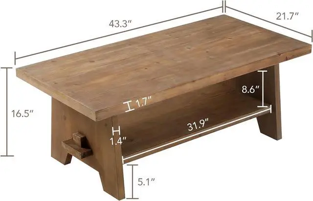 Alt view image 2 of 7 - Farmhouse Wood Coffee Table - 43.4 Mid Century Modern Wooden Coffee Tables for Living Room, Solid Firwood Tabletop Rectangle Coffee Table, Center Table for Living Room, Brown