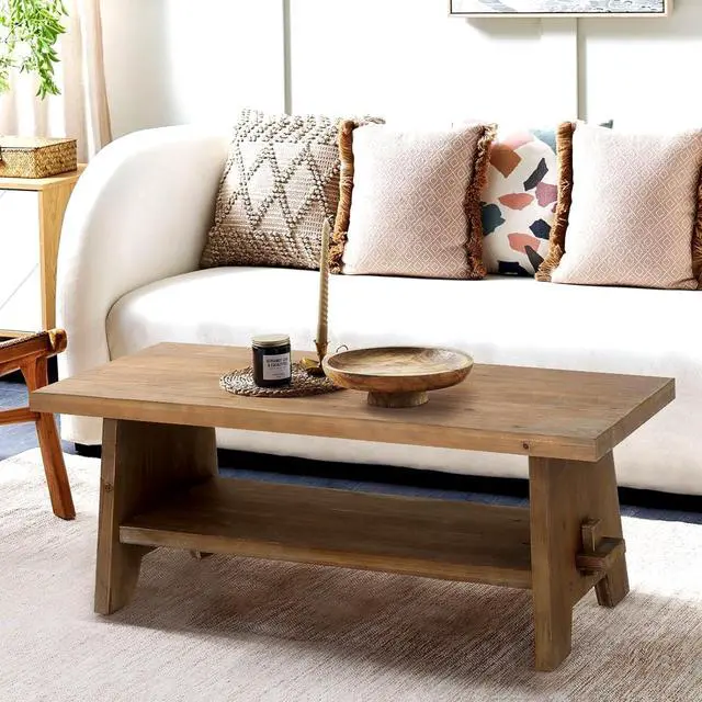 Main image of Farmhouse Wood Coffee Table - 43.4 Mid Century Modern Wooden Coffee Tables for Living Room, Solid Firwood Tabletop Rectangle Coffee Table, Center Table for Living Room, Brown