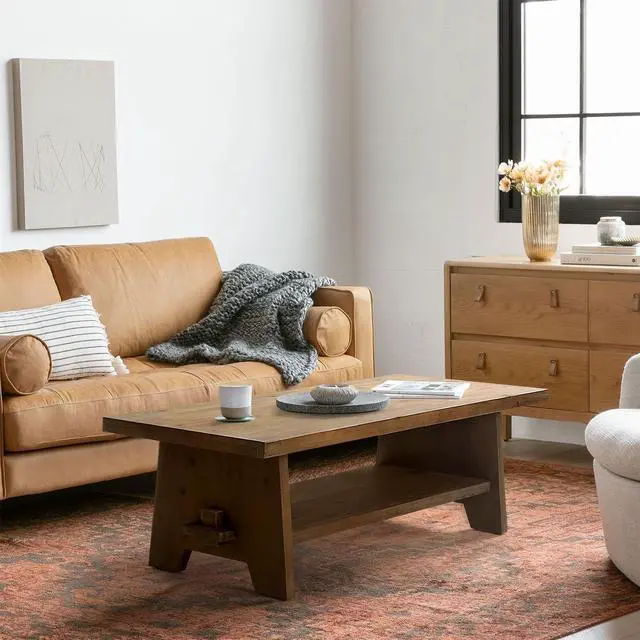 Alt view image 3 of 7 - Farmhouse Wood Coffee Table - 43.4 Mid Century Modern Wooden Coffee Tables for Living Room, Solid Firwood Tabletop Rectangle Coffee Table, Center Table for Living Room, Brown