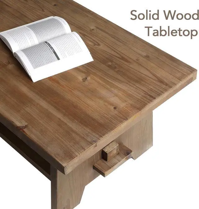 Alt view image 4 of 7 - Farmhouse Wood Coffee Table - 43.4 Mid Century Modern Wooden Coffee Tables for Living Room, Solid Firwood Tabletop Rectangle Coffee Table, Center Table for Living Room, Brown