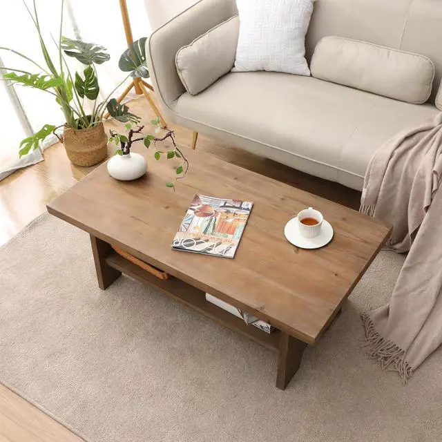Alt view image 6 of 7 - Farmhouse Wood Coffee Table - 43.4 Mid Century Modern Wooden Coffee Tables for Living Room, Solid Firwood Tabletop Rectangle Coffee Table, Center Table for Living Room, Brown