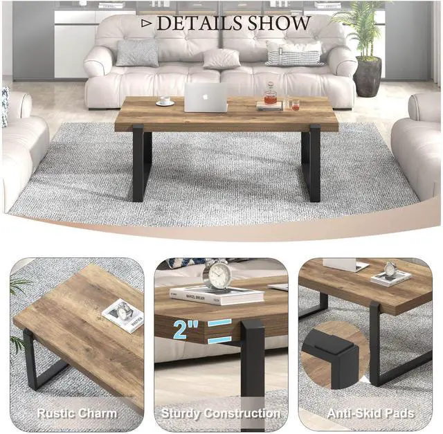 Alt view image 5 of 7 - FOLUBAN Rustic Coffee Table, Modern Wood and Metal Industrial Center Table for Living Room, 47 Inch Oak