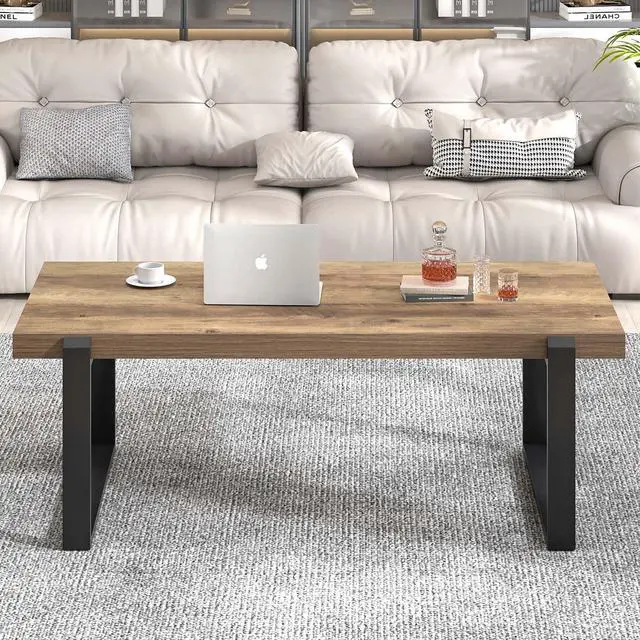 Alt view image 7 of 7 - FOLUBAN Rustic Coffee Table, Modern Wood and Metal Industrial Center Table for Living Room, 47 Inch Oak