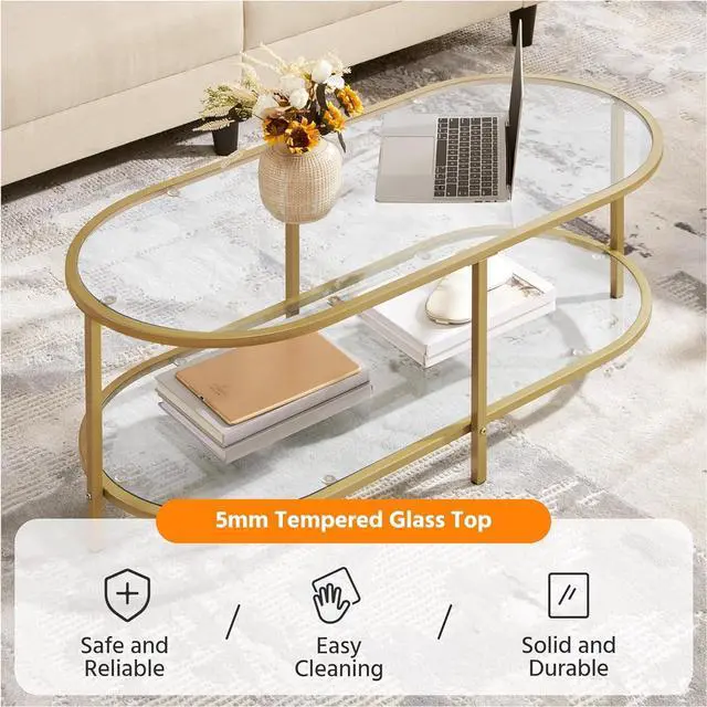 Alt view image 7 of 7 - Yaheetech 42" Oval Glass Coffee Table for Living Room, 2-Tier Center Table with Storage Shelf for Small Space, Office