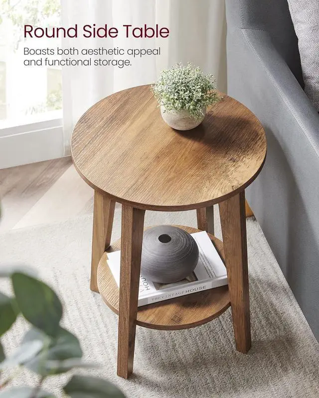 Alt view image 4 of 7 - VASAGLE Side Table, Small Round End Table with Lower Shelf, Nightstand for Small Spaces, Living Room, Bedroom, Rustic Walnut ULET283T41