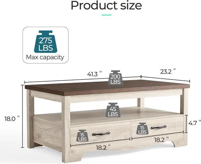 Alt view image 3 of 7 - LINSY HOME Farmhouse Coffee Table with Storage, Wood Coffee Table for Living Room, Open Display Area and Storage Drawers with Metal Handles, Chic Style with Curved Base. Oak and Brown