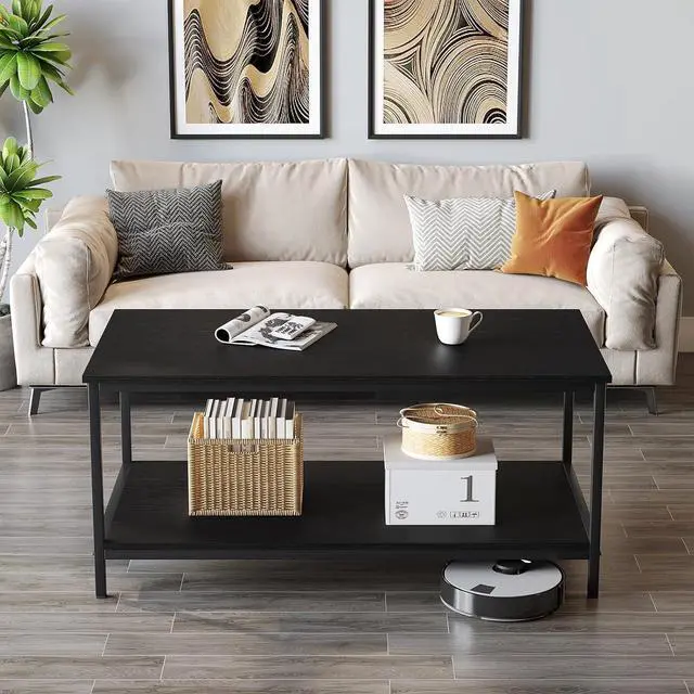 Alt view image 2 of 6 - SAYGOER Black Coffee Table for Living Room Modern Rectangle 2-Tier Coffee Tables with Storage Industrial Wood Center Table for Large or Small Spaces Apartment Home Office, All Black