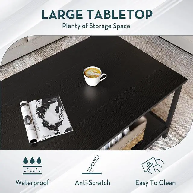 Alt view image 4 of 6 - SAYGOER Black Coffee Table for Living Room Modern Rectangle 2-Tier Coffee Tables with Storage Industrial Wood Center Table for Large or Small Spaces Apartment Home Office, All Black
