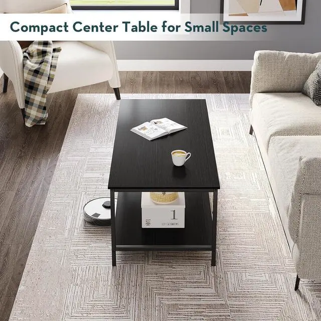 Alt view image 6 of 6 - SAYGOER Black Coffee Table for Living Room Modern Rectangle 2-Tier Coffee Tables with Storage Industrial Wood Center Table for Large or Small Spaces Apartment Home Office, All Black