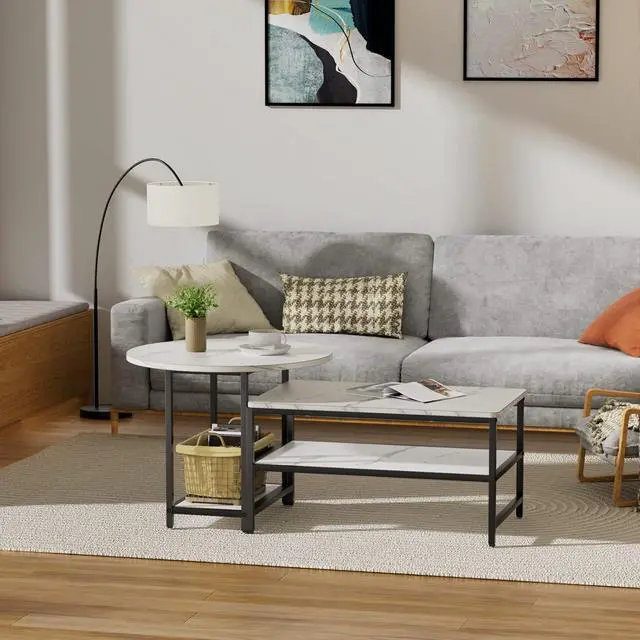 Alt view image 2 of 7 - WOHOMO Coffee Table, White Modern Coffee Tables for Living Room, Detachable 2 Small Coffee Tables, Faux White Marble