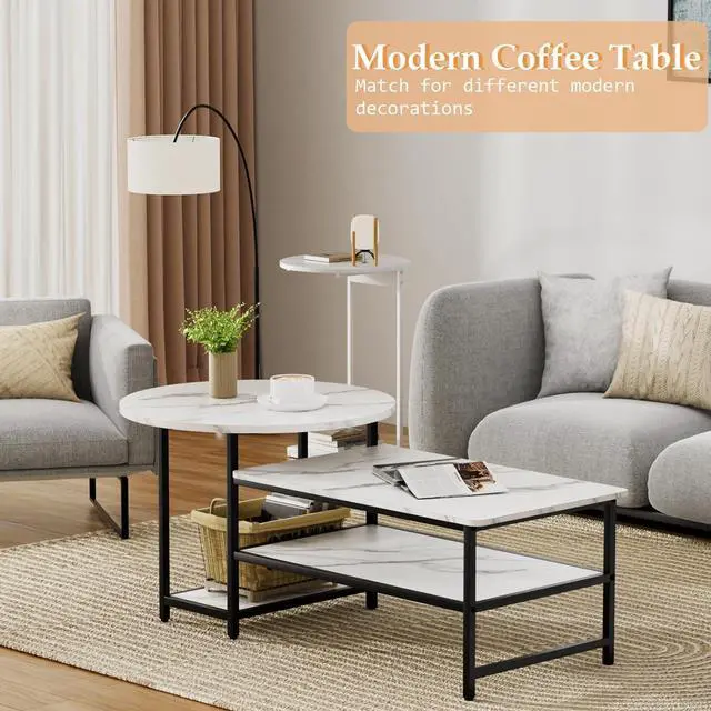 Alt view image 4 of 7 - WOHOMO Coffee Table, White Modern Coffee Tables for Living Room, Detachable 2 Small Coffee Tables, Faux White Marble