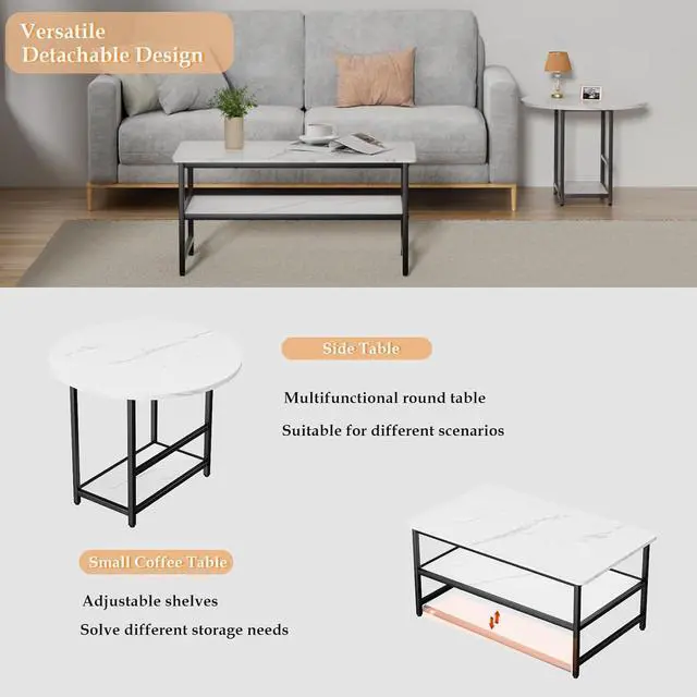 Alt view image 5 of 7 - WOHOMO Coffee Table, White Modern Coffee Tables for Living Room, Detachable 2 Small Coffee Tables, Faux White Marble