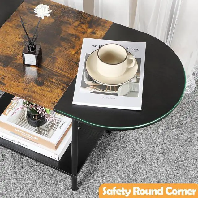 Alt view image 4 of 7 - Coffee Tables for Living Room,2-Tier Small Oval Center Table Industrial Modern Style Coffee Tables with Storage Shelf and Wood Tabletop for Small Space,Home Office,Brown & Black