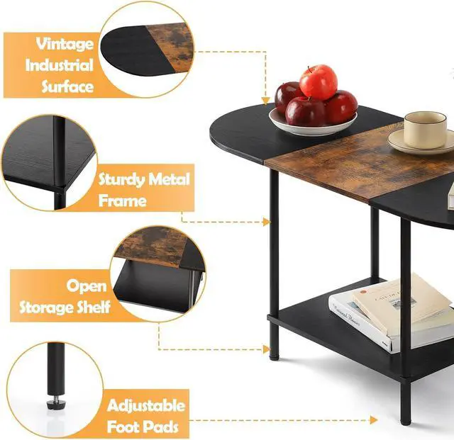 Alt view image 6 of 7 - Coffee Tables for Living Room,2-Tier Small Oval Center Table Industrial Modern Style Coffee Tables with Storage Shelf and Wood Tabletop for Small Space,Home Office,Brown & Black
