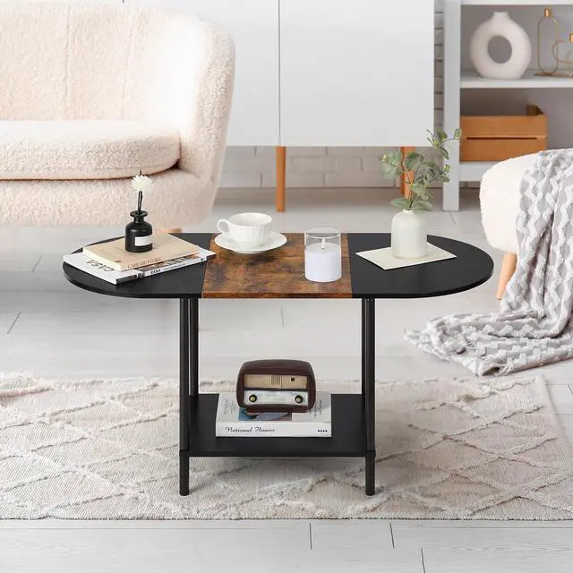 Alt view image 5 of 7 - Coffee Tables for Living Room,2-Tier Small Oval Center Table Industrial Modern Style Coffee Tables with Storage Shelf and Wood Tabletop for Small Space,Home Office,Brown & Black