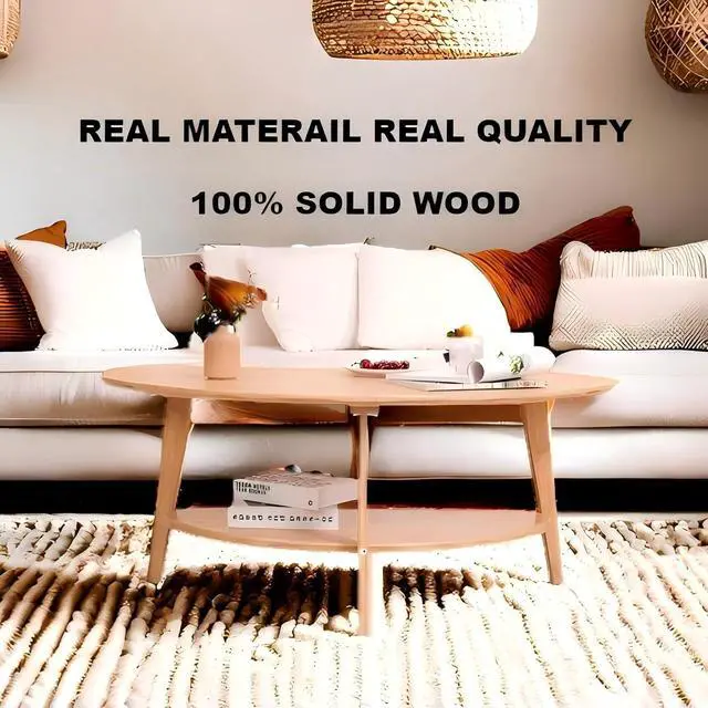 Alt view image 3 of 6 - Mid Century Modern Coffee Table with Storage Shelf, Oval Coffee Tables for Living Room Bedroom, FSC Certifiled 100% Solid Wood Coffee Table Round Circle Center Table