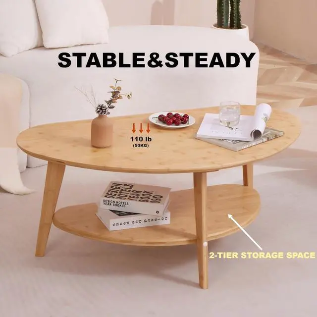 Alt view image 4 of 6 - Mid Century Modern Coffee Table with Storage Shelf, Oval Coffee Tables for Living Room Bedroom, FSC Certifiled 100% Solid Wood Coffee Table Round Circle Center Table