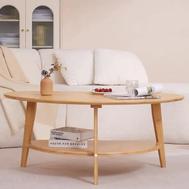 Alt view image 5 of 6 - Mid Century Modern Coffee Table with Storage Shelf, Oval Coffee Tables for Living Room Bedroom, FSC Certifiled 100% Solid Wood Coffee Table Round Circle Center Table