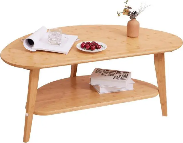 Alt view image 6 of 6 - Mid Century Modern Coffee Table with Storage Shelf, Oval Coffee Tables for Living Room Bedroom, FSC Certifiled 100% Solid Wood Coffee Table Round Circle Center Table