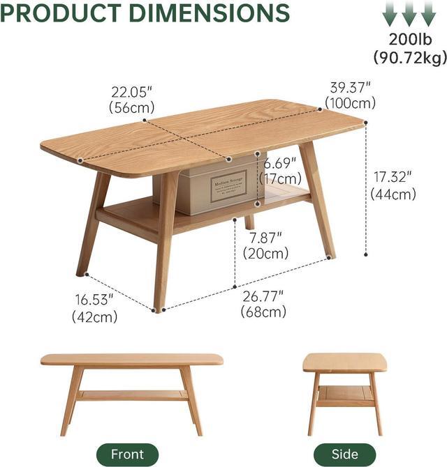 Alt view image 2 of 5 - 100% Solid Oak Wood Coffee Table for Living Room, Small Coffee Table with Shelf Storage, Mid Century Modern Coffee Table with Rounded Corners (Natural, 39.37" W x 22.05" D x 17.32" H)
