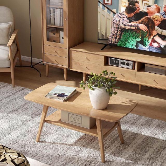 Alt view image 3 of 5 - 100% Solid Oak Wood Coffee Table for Living Room, Small Coffee Table with Shelf Storage, Mid Century Modern Coffee Table with Rounded Corners (Natural, 39.37" W x 22.05" D x 17.32" H)