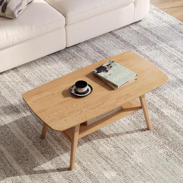 Alt view image 4 of 5 - 100% Solid Oak Wood Coffee Table for Living Room, Small Coffee Table with Shelf Storage, Mid Century Modern Coffee Table with Rounded Corners (Natural, 39.37" W x 22.05" D x 17.32" H)