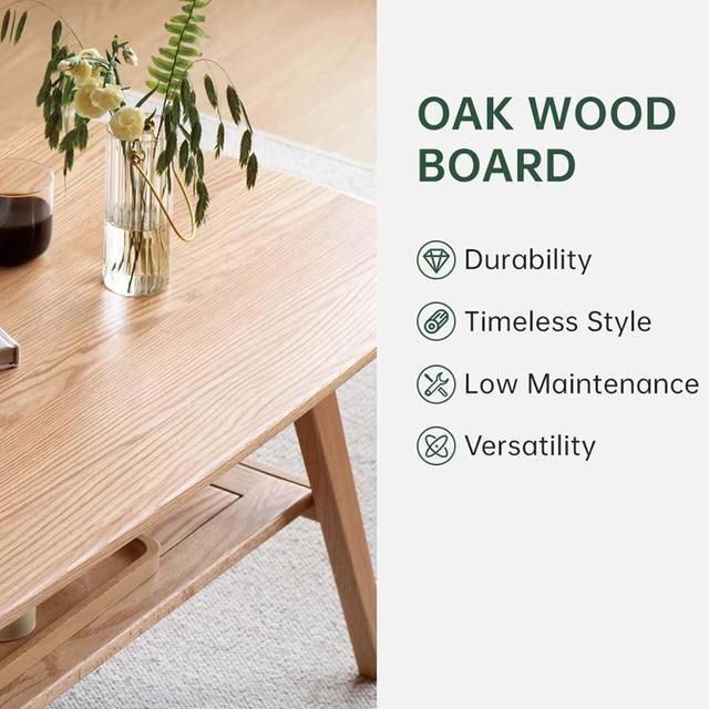 Alt view image 5 of 5 - 100% Solid Oak Wood Coffee Table for Living Room, Small Coffee Table with Shelf Storage, Mid Century Modern Coffee Table with Rounded Corners (Natural, 39.37" W x 22.05" D x 17.32" H)