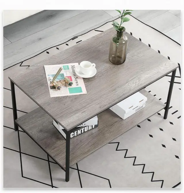 Alt view image 2 of 5 - SENIG 2-Tier Coffee Table with Storage Shelf for Small Living Spaces, Grey Oak Rectangle Wood and Sturdy Metal Side End Table, Stable Metal TV Stand, Functional Center Table for Living Room