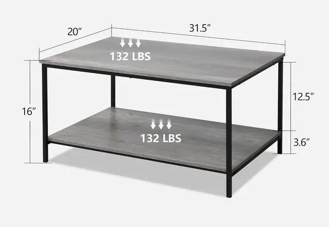 Alt view image 3 of 5 - SENIG 2-Tier Coffee Table with Storage Shelf for Small Living Spaces, Grey Oak Rectangle Wood and Sturdy Metal Side End Table, Stable Metal TV Stand, Functional Center Table for Living Room