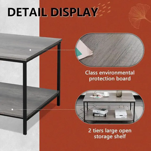 Alt view image 4 of 5 - SENIG 2-Tier Coffee Table with Storage Shelf for Small Living Spaces, Grey Oak Rectangle Wood and Sturdy Metal Side End Table, Stable Metal TV Stand, Functional Center Table for Living Room