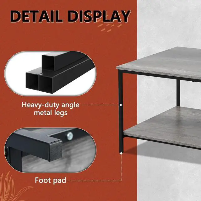 Alt view image 5 of 5 - SENIG 2-Tier Coffee Table with Storage Shelf for Small Living Spaces, Grey Oak Rectangle Wood and Sturdy Metal Side End Table, Stable Metal TV Stand, Functional Center Table for Living Room