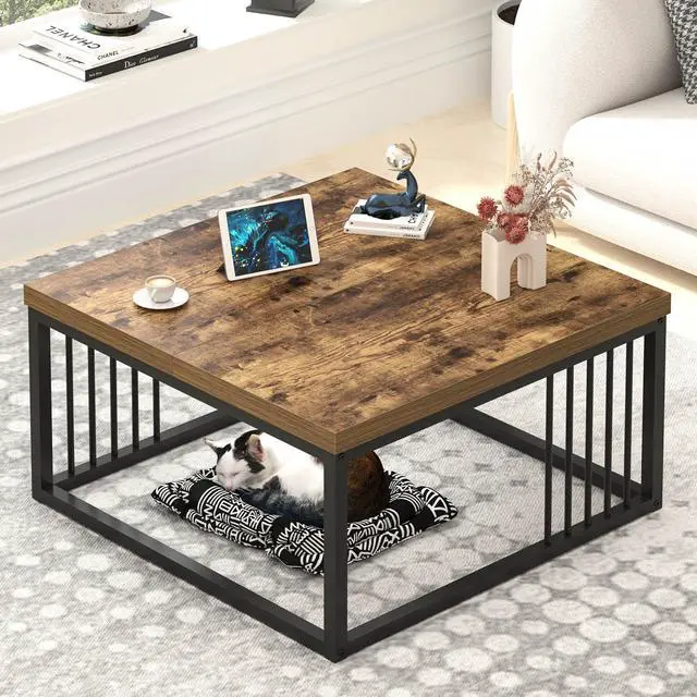 Main image of FOLUBAN Modern Coffee Table, Square Center Table for Living Room, Industrial Rustic Wood and Metal Cocktail Tea Table, 31.5 Inch, Brown