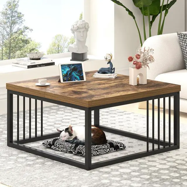 Alt view image 3 of 7 - FOLUBAN Modern Coffee Table, Square Center Table for Living Room, Industrial Rustic Wood and Metal Cocktail Tea Table, 31.5 Inch, Brown