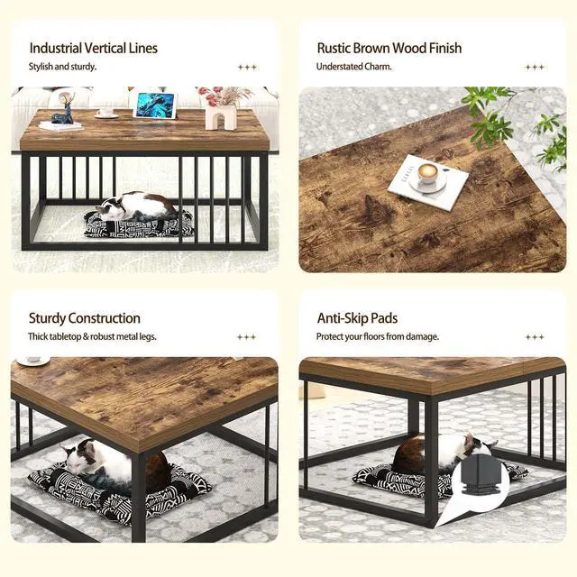 Alt view image 5 of 7 - FOLUBAN Modern Coffee Table, Square Center Table for Living Room, Industrial Rustic Wood and Metal Cocktail Tea Table, 31.5 Inch, Brown