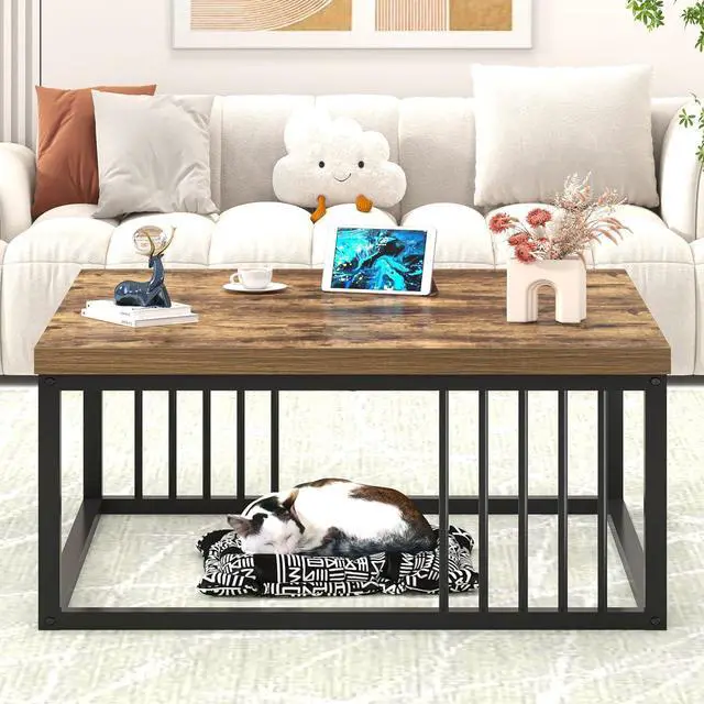Alt view image 7 of 7 - FOLUBAN Modern Coffee Table, Square Center Table for Living Room, Industrial Rustic Wood and Metal Cocktail Tea Table, 31.5 Inch, Brown