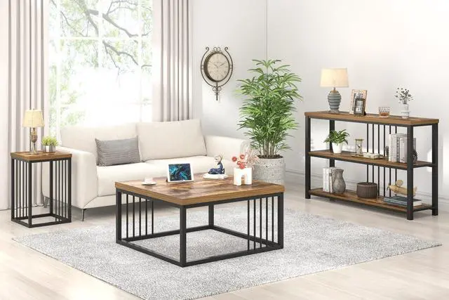 Alt view image 6 of 7 - FOLUBAN Modern Coffee Table, Square Center Table for Living Room, Industrial Rustic Wood and Metal Cocktail Tea Table, 31.5 Inch, Brown