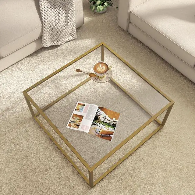 Alt view image 2 of 7 - SAYGOER Glass Coffee Table Modern Coffee Tables for Living Room Square Minimalist Center Tables for Home Office 26.7 x 26.7 x 17.7, Gold