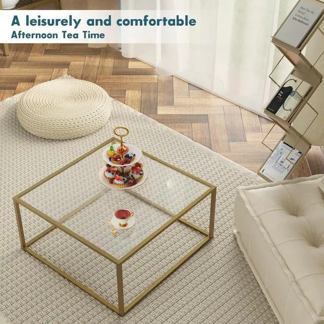Alt view image 6 of 7 - SAYGOER Glass Coffee Table Modern Coffee Tables for Living Room Square Minimalist Center Tables for Home Office 26.7 x 26.7 x 17.7, Gold