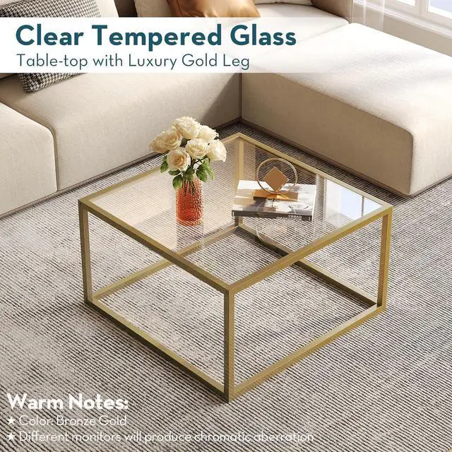 Alt view image 7 of 7 - SAYGOER Glass Coffee Table Modern Coffee Tables for Living Room Square Minimalist Center Tables for Home Office 26.7 x 26.7 x 17.7, Gold