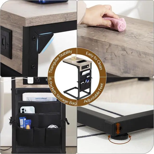 Alt view image 7 of 7 - AMHANCIBLE C Shaped End Table with Charging Station, TV Tray Set of 2, Couch Tables with Storage Bag, Slide Under Sofa Side Table with USB Ports and Outlets for Living Room, Grey HET04CGY