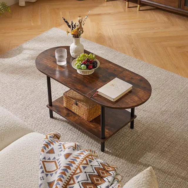 Alt view image 2 of 6 - Rustic Coffee Table Splicing Design, TV Centre Table Stand 35 * 16 * 17", 2-Tier Oval Wood Tea Table for Living Room Apartment Rustic Brown YD-011H